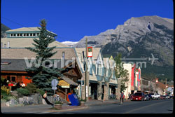 A view of Canmore's Mainstreet on a sunny day