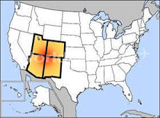 Map of the US and the Southwest states of Arizona, Colorado, New Mexico and Utah, which meet at Four Corners Monument